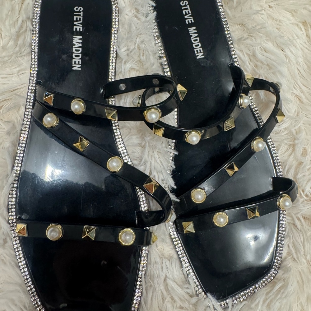 Steve Madden Black Sandals with Gold Studs and‎ Pearls size 8